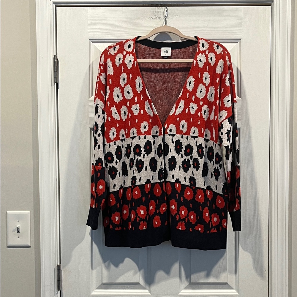 CAbi Up‎ Beat 6163 Oversized Color block Vibrant Red and Black Floral Cardigan